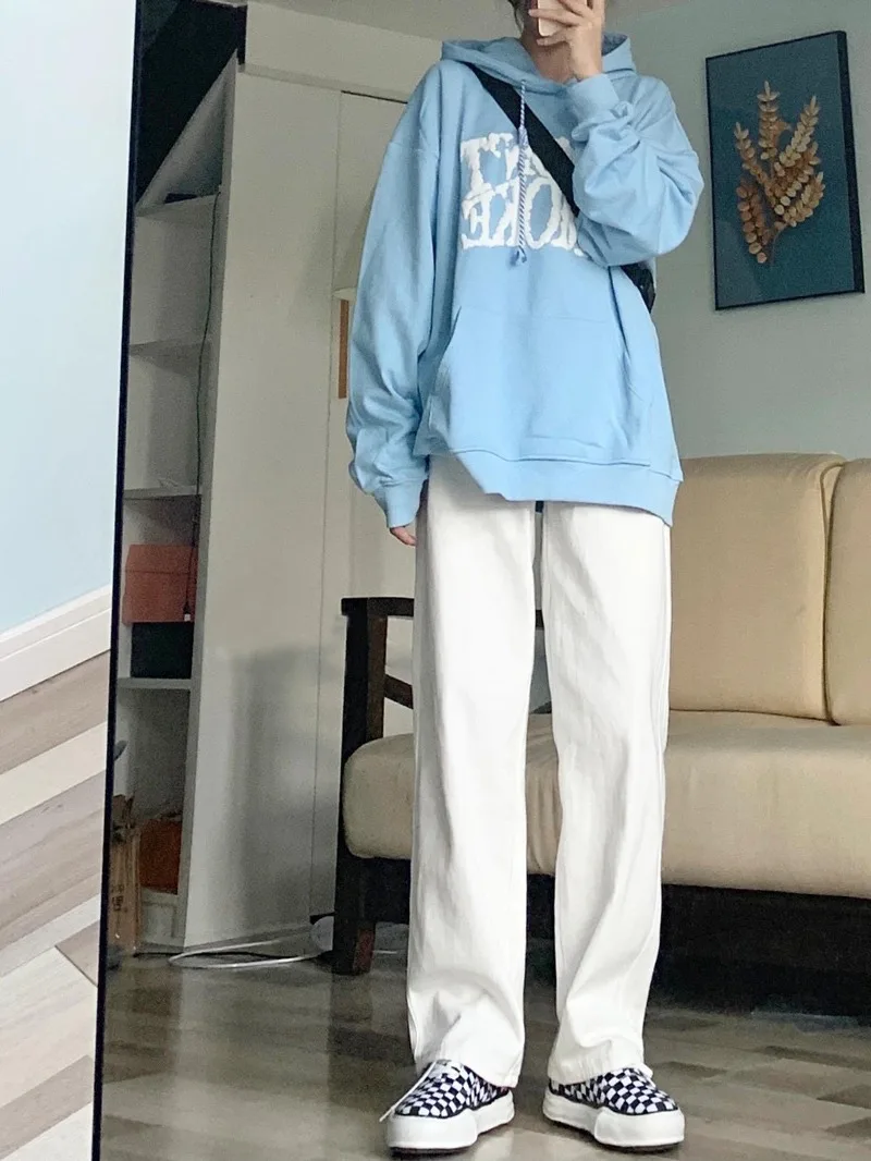 Jeans a gamba larga a vita alta da donna taglie forti Pantaloni larghi bianchi dal taglio dritto Autunno Faion Casual Comodo lunghezza fino al pavimento