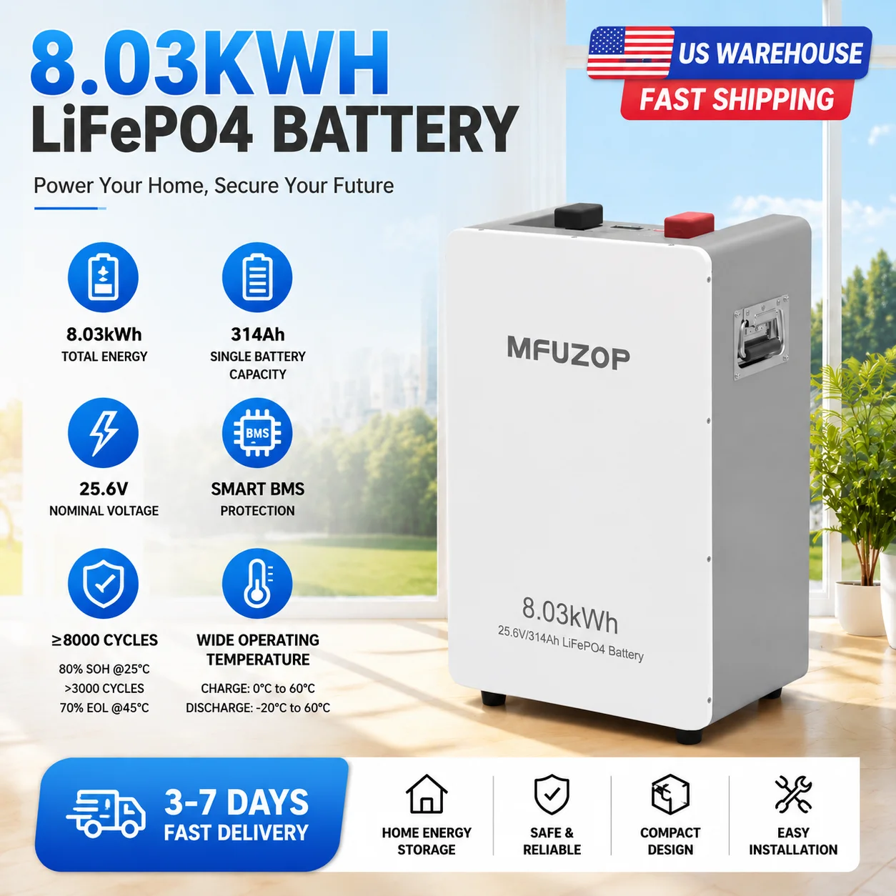 25.6V/314A/8.03KWh Solar Battery Pack 8000+ Cycle RS485/CAN Communication Protocols for Home Solar Inverter  Off-grid Systems
