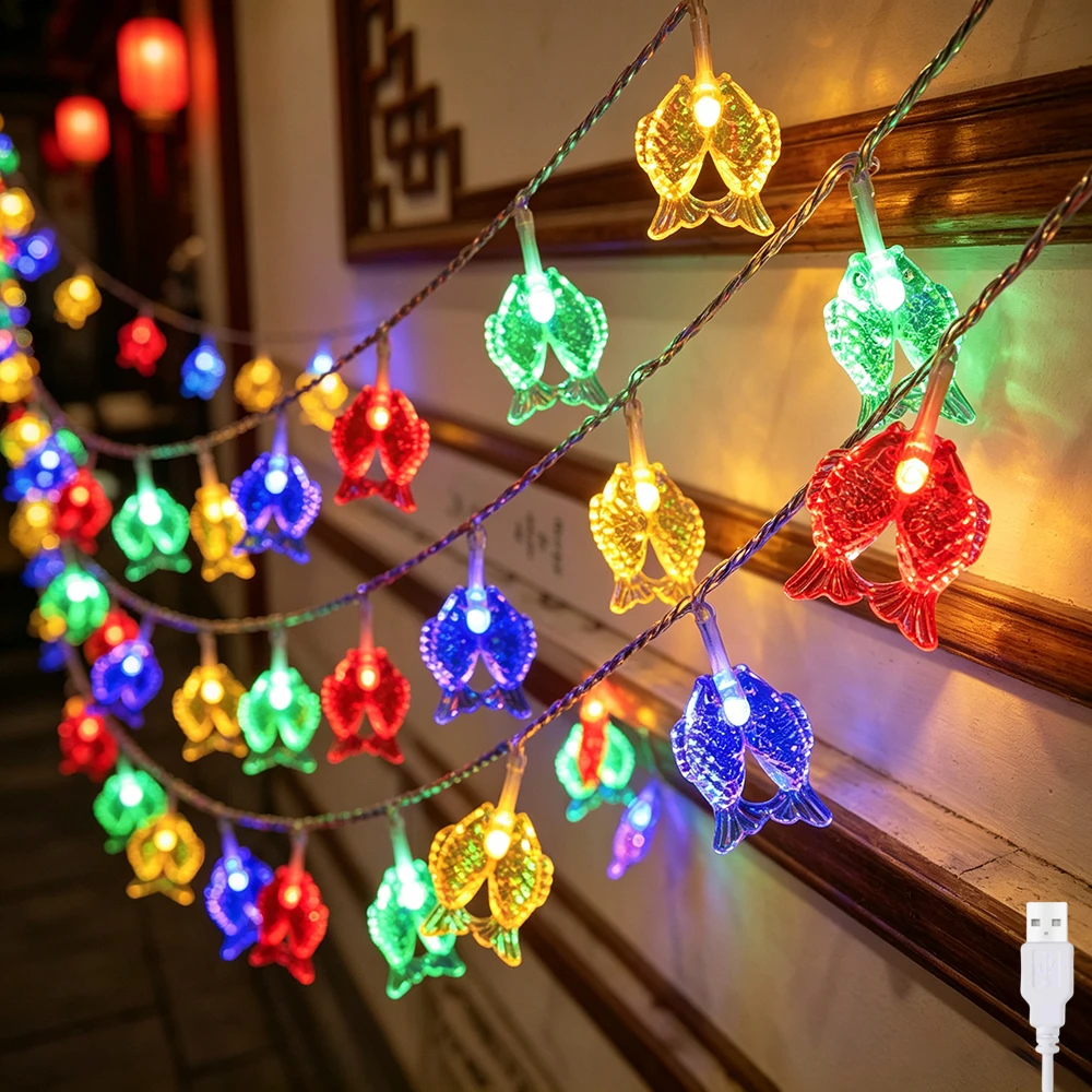 1pc USB Realistic Double Fish LED String Lights 6.3M 40LED for New Year's Day Holiday Family Gathering Wall Desktop Window Decor