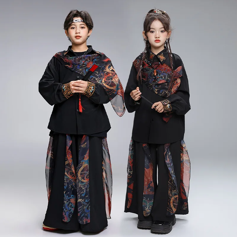 Kid Chinese Style Hip Hop Clothing Black Print Mesh Shirt Casual Wide Leg Pants for Girl Boy Jazz Dance Wear Costume Clothes Set