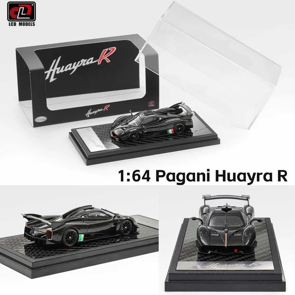 LCD 1/64 Huayra R Glossy Black Carbon Fiber with Italian Livery – Diecast Model Car Collection Display Case Gift for Adults