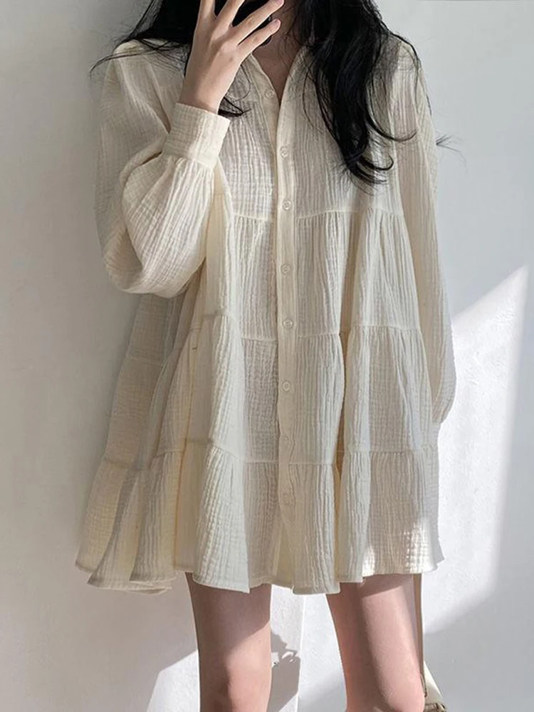 

Korean Apricot Fashion Retro Turn-Down Collar Clothes Casual Long Sleeve Dress Women Ins Spring Lovely Solid A-Line Ruffles