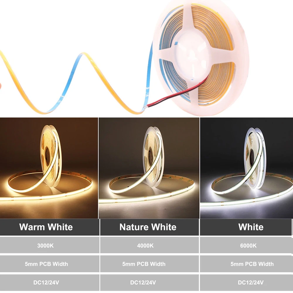 DC 12V/24V 5mm FCOB LED Strip Light 480LEDs High Density Flexible COB Lamp 3000K 4000K 6000K Warm White Natural White for Home