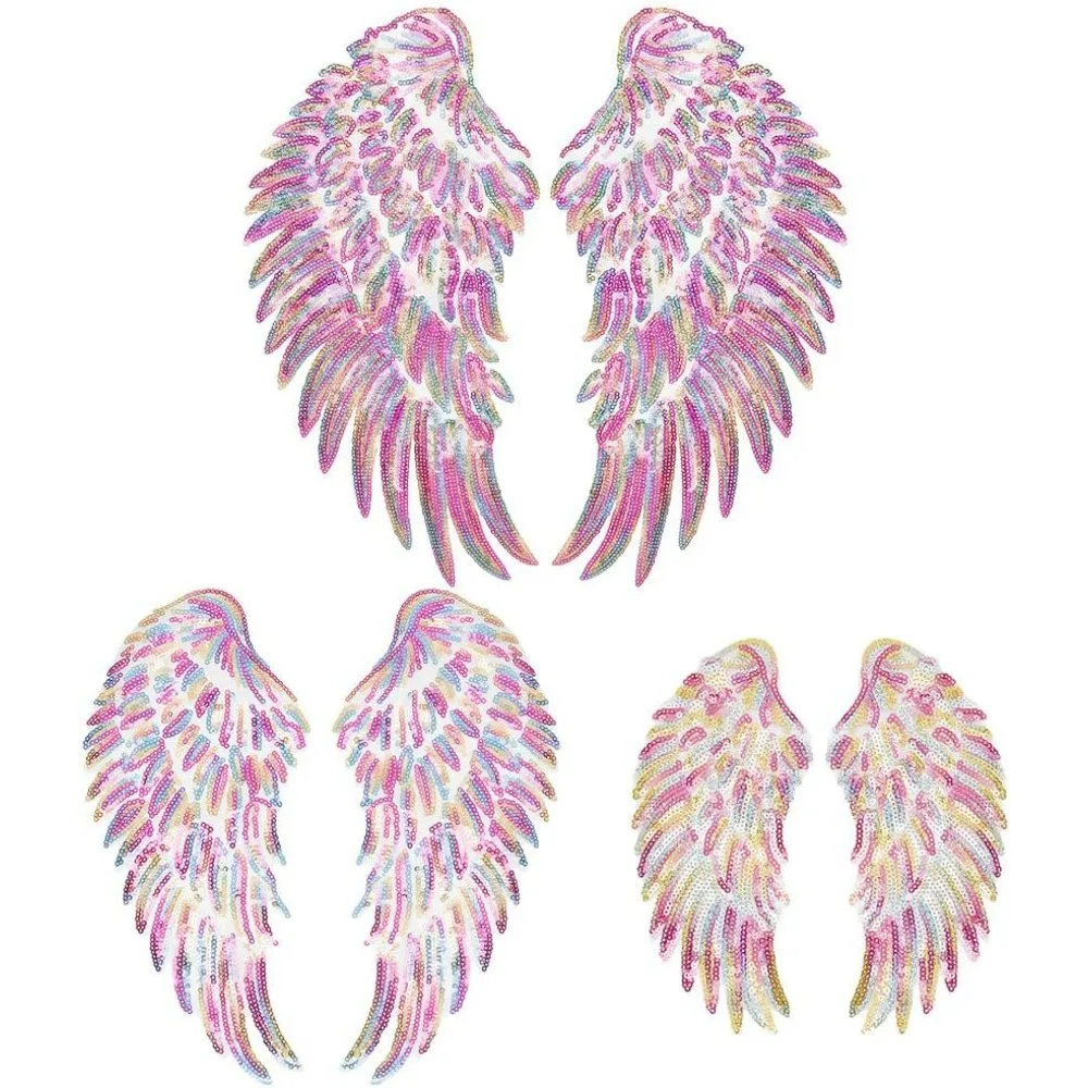 3 Pairs Wing Sequin Cloth Patches 3 Sizes Fuchsia Angel Wing Appliques Glitter Sewing Costume Decoration Embroidered Motif