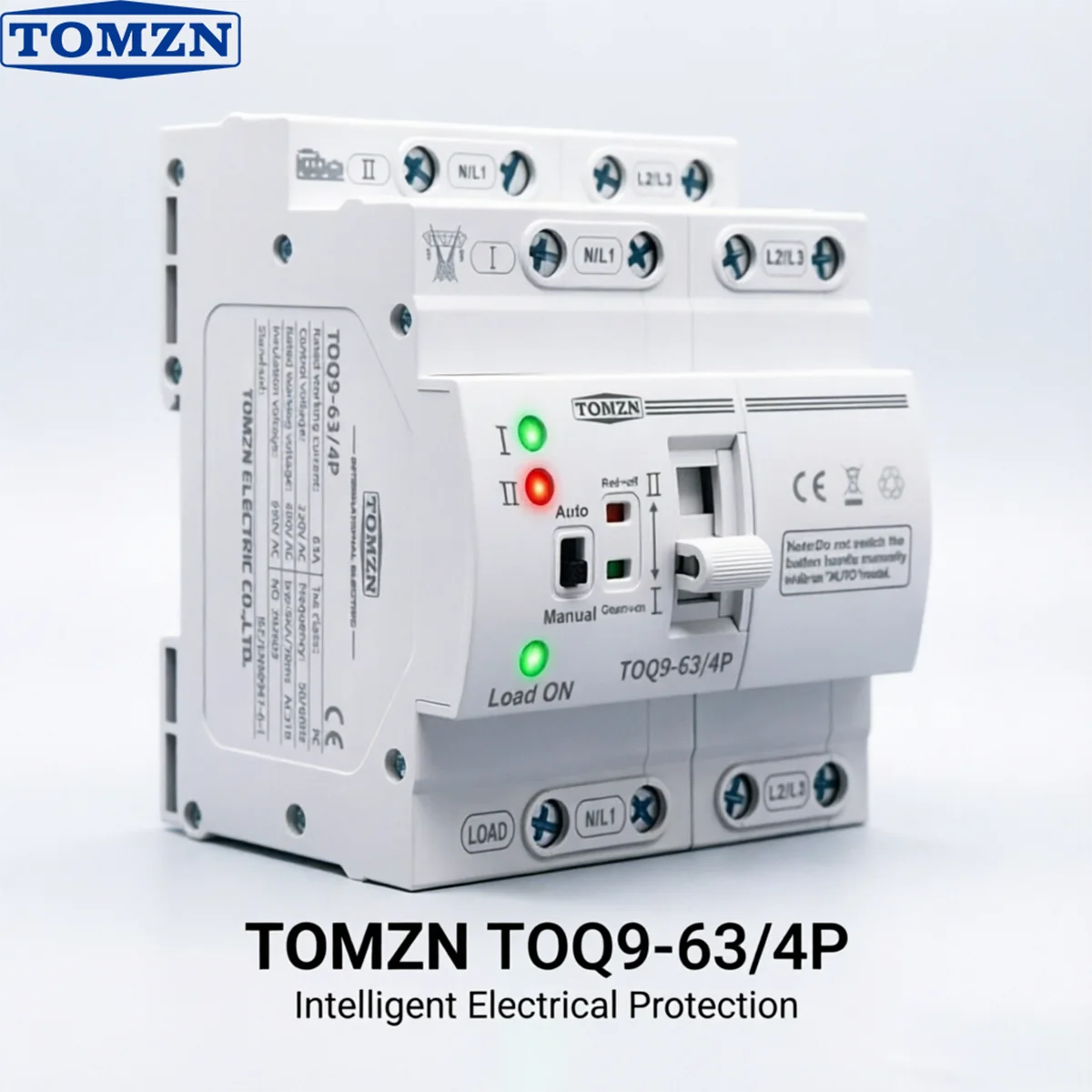 

Автоматический переключатель ввода резерва (АВР) TOMZN TOQ9 Slim – 2P/4P, 63А, 230В AC, крепление на DIN-рейку, бесперебойное переключение питания
