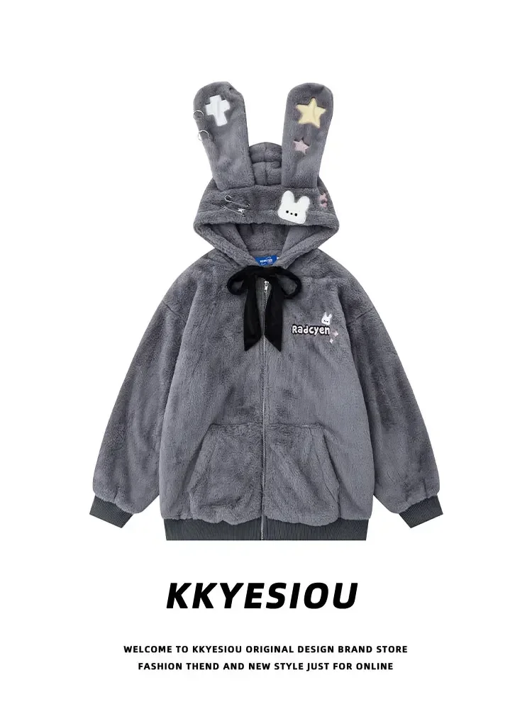 Two-dimensional Punk Sweatshirt Jacket Female Dopamine Hairy Rabbit Ears Hooded Coat Man and Women Oversize Couple Cotton Coats