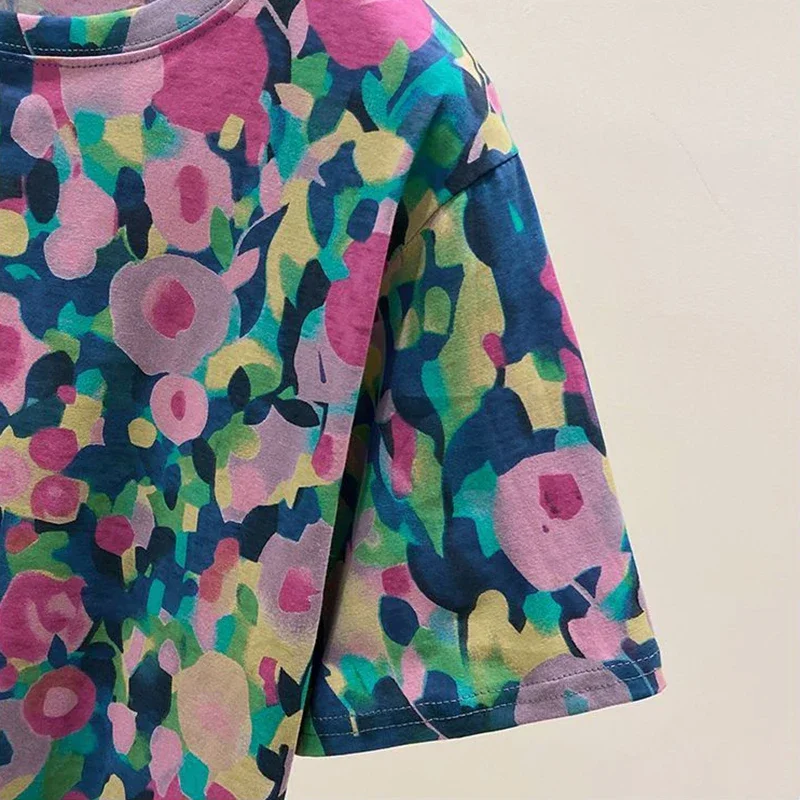 Khaki kwiatowy nadruk artystyczny vintage koszulka z krótkim rękawem z dekoltem w szpic bluzka damska koszula odzież damska topy modne bluzki lato 2025