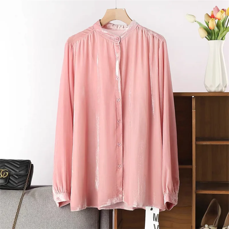 Camisa de Veludo Plus Size Feminina de Manga Longa, Cor Sólida, Gola Alta, Camada Base para Primavera e Outono, Blusa de Veludo