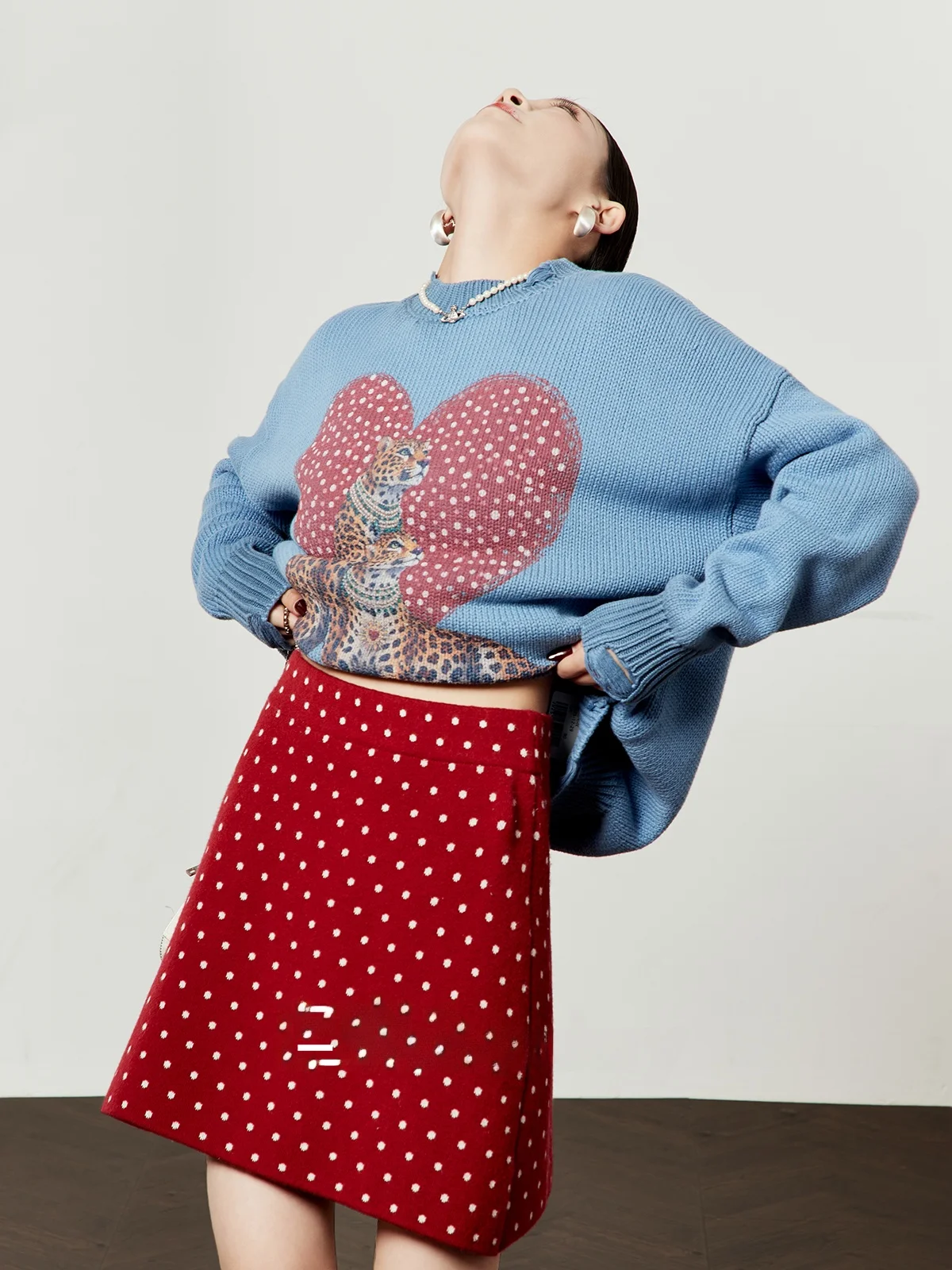 

Blue Heart Polka Dot Leopard Loose Casual Sle Women's Sweater Spring 2026 New Arrival Comfortable Knitted Top