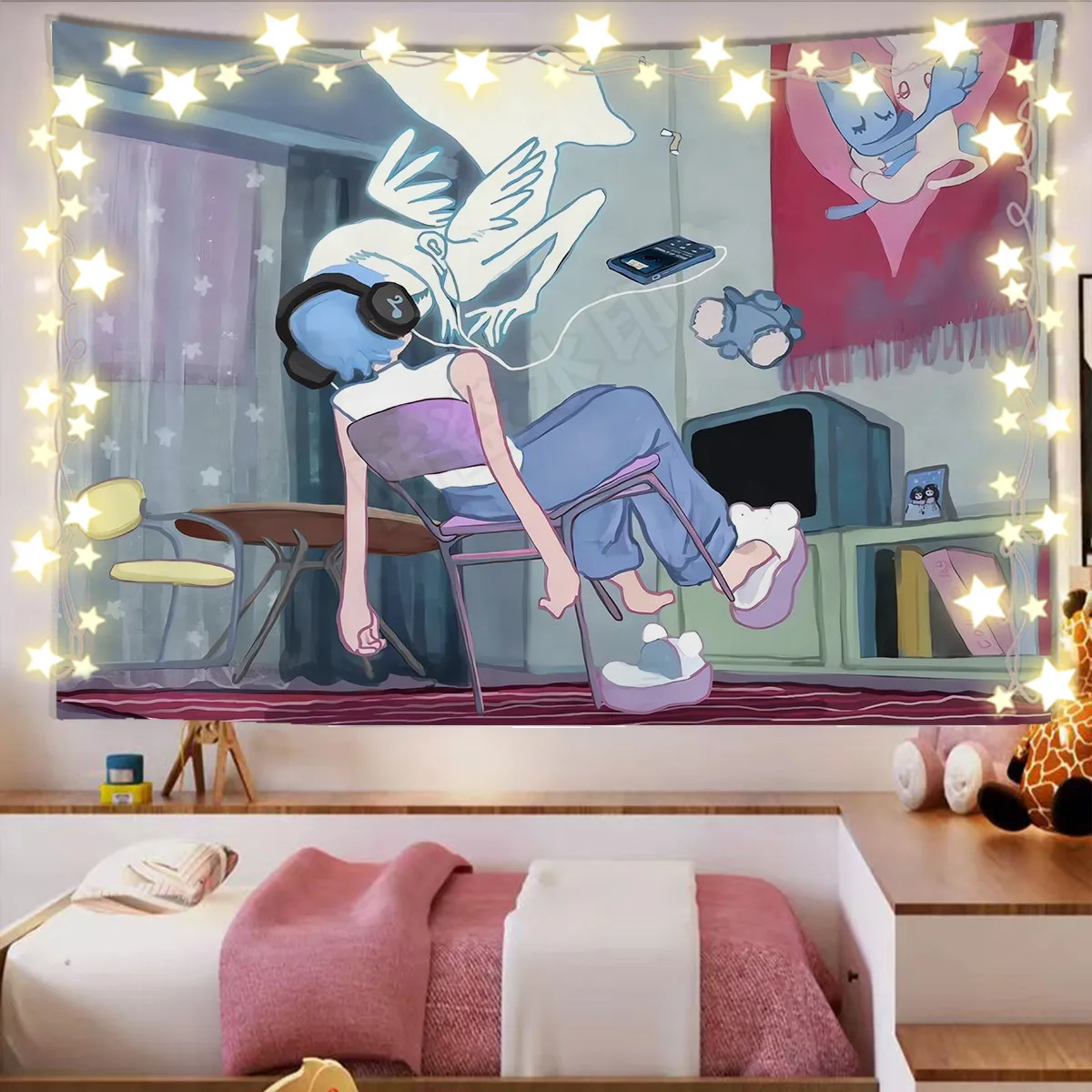 INS Healing Anime Wall Tapestry for Bedroom & Dorm Decorative Room Renovation Background Fabric for Ceiling Or Wall
