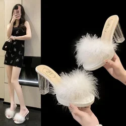 Woman Slippers Job Fluffy Sexy Heeled Outside Furry White Transparent Shoes for Women Sandals Slides Open Toe Small Size B Shoe