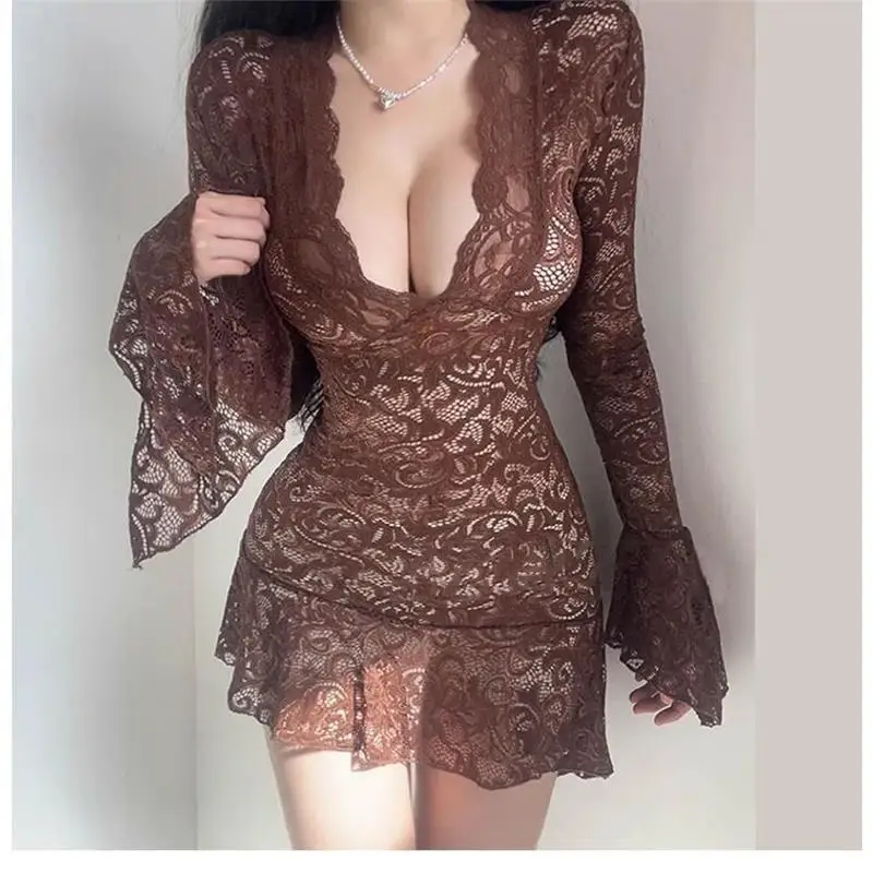 

Сексуальное короткое облегающее платье-русалка с кружевом для вечеринок, подчеркивающее силуэты, с глубоким V-образным вырезом