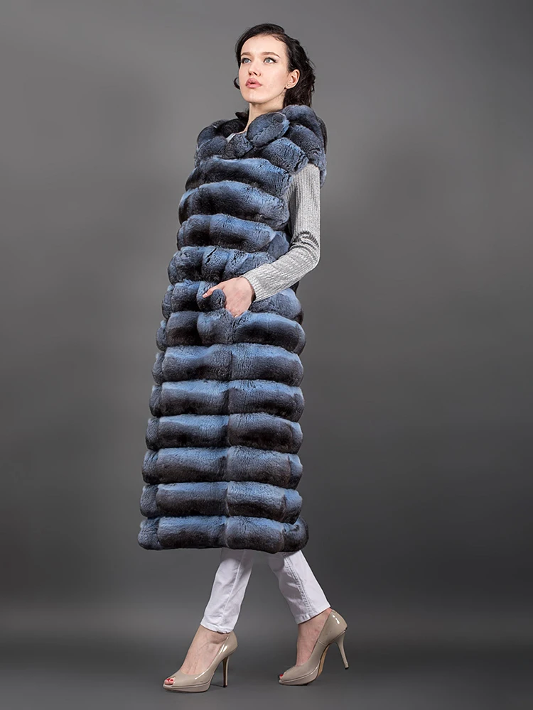 Rex – manteau à capuche en vraie fourrure de lapin pour femme, haut de luxe, décontracté, sans manches, automne-hiver