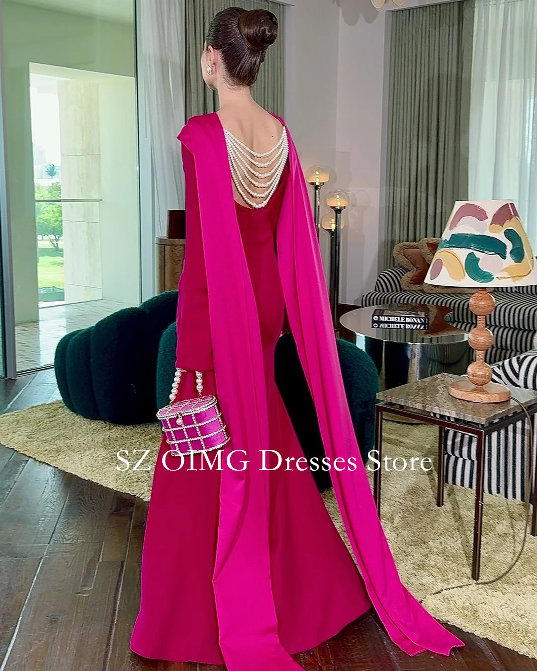 OIMG Saudi Arabia Crepe Satin Prom Dresses Boat Neck Dress Hot Pink Pearls  Dress Formal Women Wedding Party Gowns