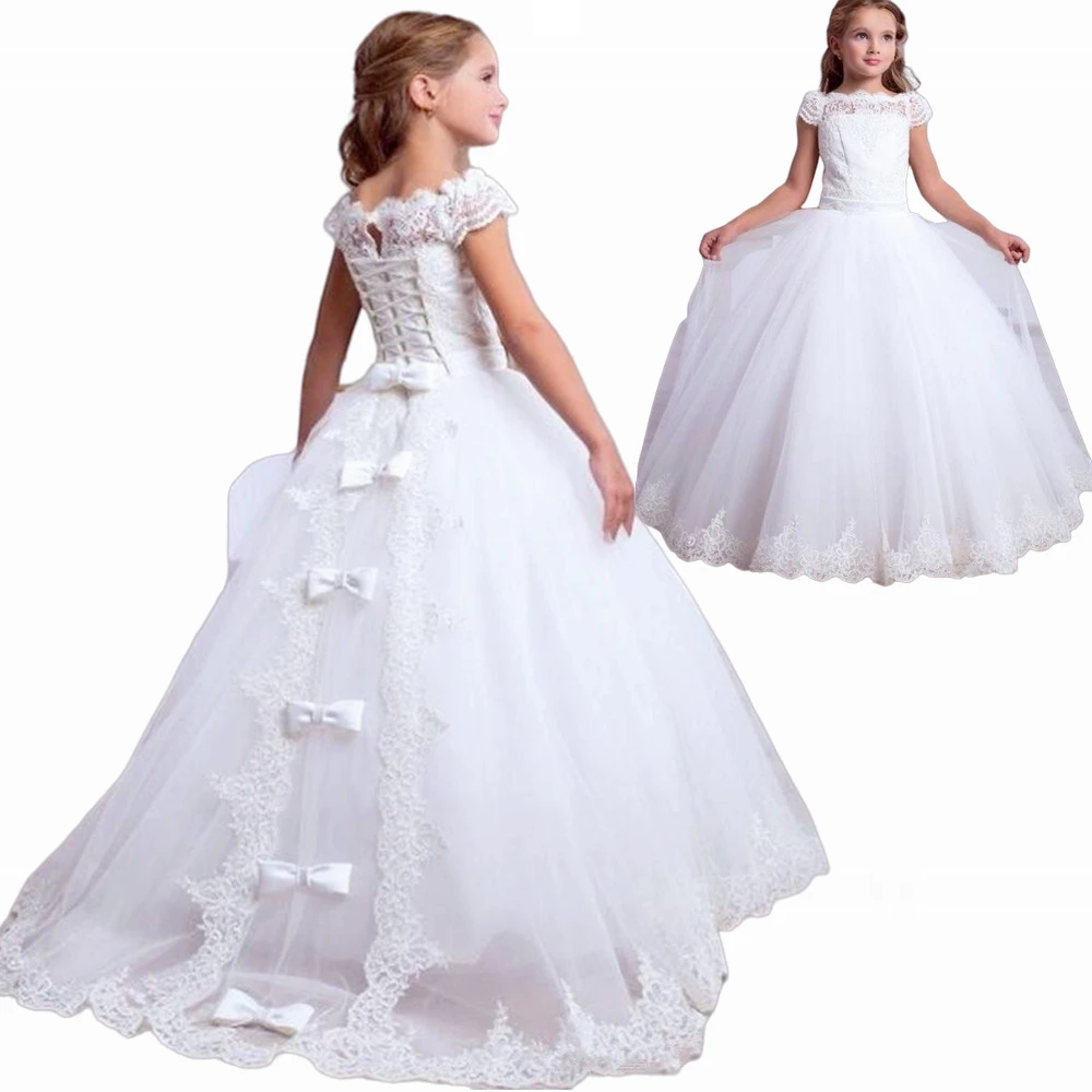 

Elegant White Flower Girl Dress Lace Printing Pageant Wedding Dresses Princess Banquet Kids Birthday Gift First Communion Gowns