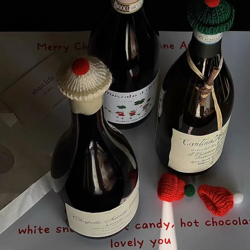 10 PCS Christmas Decoration 2023 Mini Wool Christmas Red Wine Hat Cute Wine Bottle Holiday Small Props Decorations Liquidations