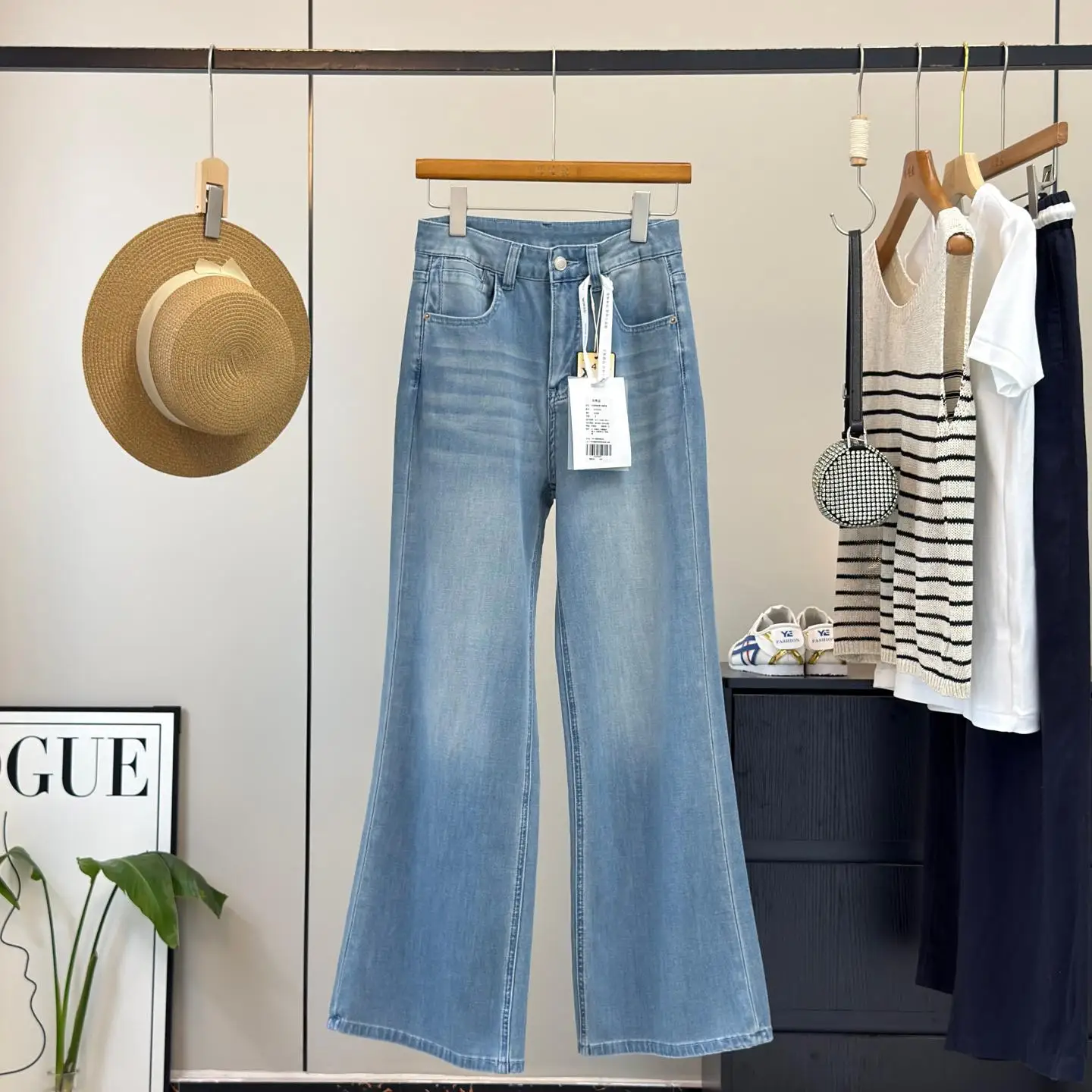 

Summer Thin Four-Sided Elastic Rayon Cotton Slim Straight Micro Flare Jeans Women's High Waist Button Closure Ladies Jeans