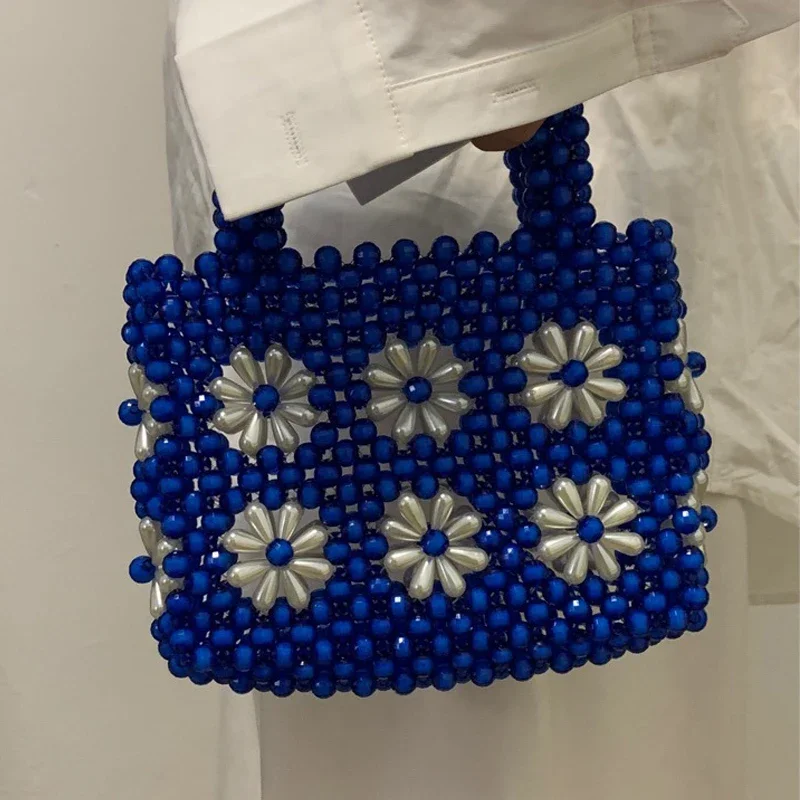 

Chrysanthemum Bead Designer Bags Summer New Flower Handmade Woven Tote Bag Sweet Pearl Acrylic Handbags for Women