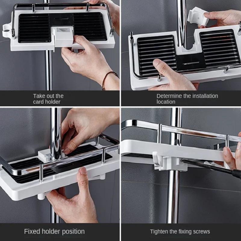 Shower Storage Holder Bathroom Shelf Pole Shelves Shampoo Tray Stand No Drilling Lifting Rod Shower Head Holder Rack Organizer
