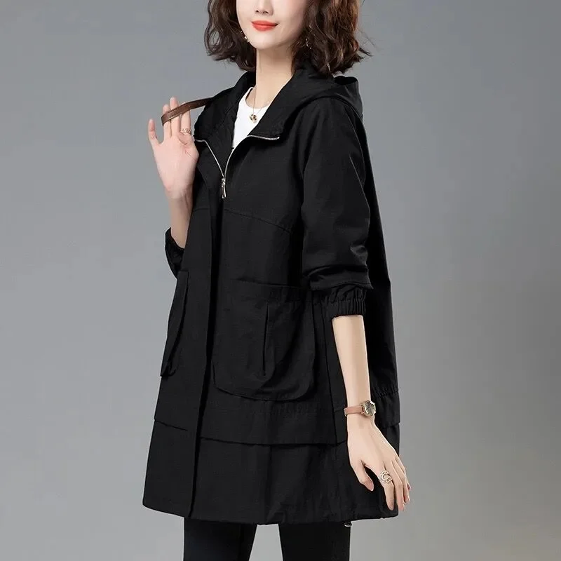 Loose Windbreaker Women\'s Mid-length 2024 Spring Wear Korean Large Cape Coat Spring and Autumn Hooded Jacket Lady\'s Trench Coat