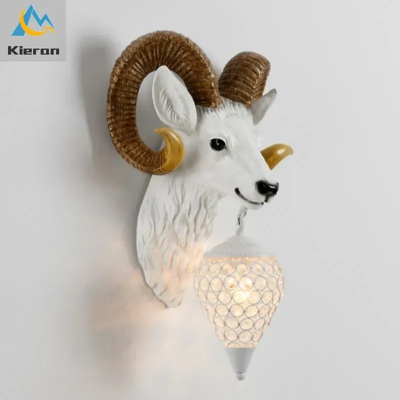 

Nordic Modern Rhinoceros Tiger Sheep Crystal LED Wall Lamp Bedroom Study Bedside Wall Lamps Living Room Decor Resin Wall Lights