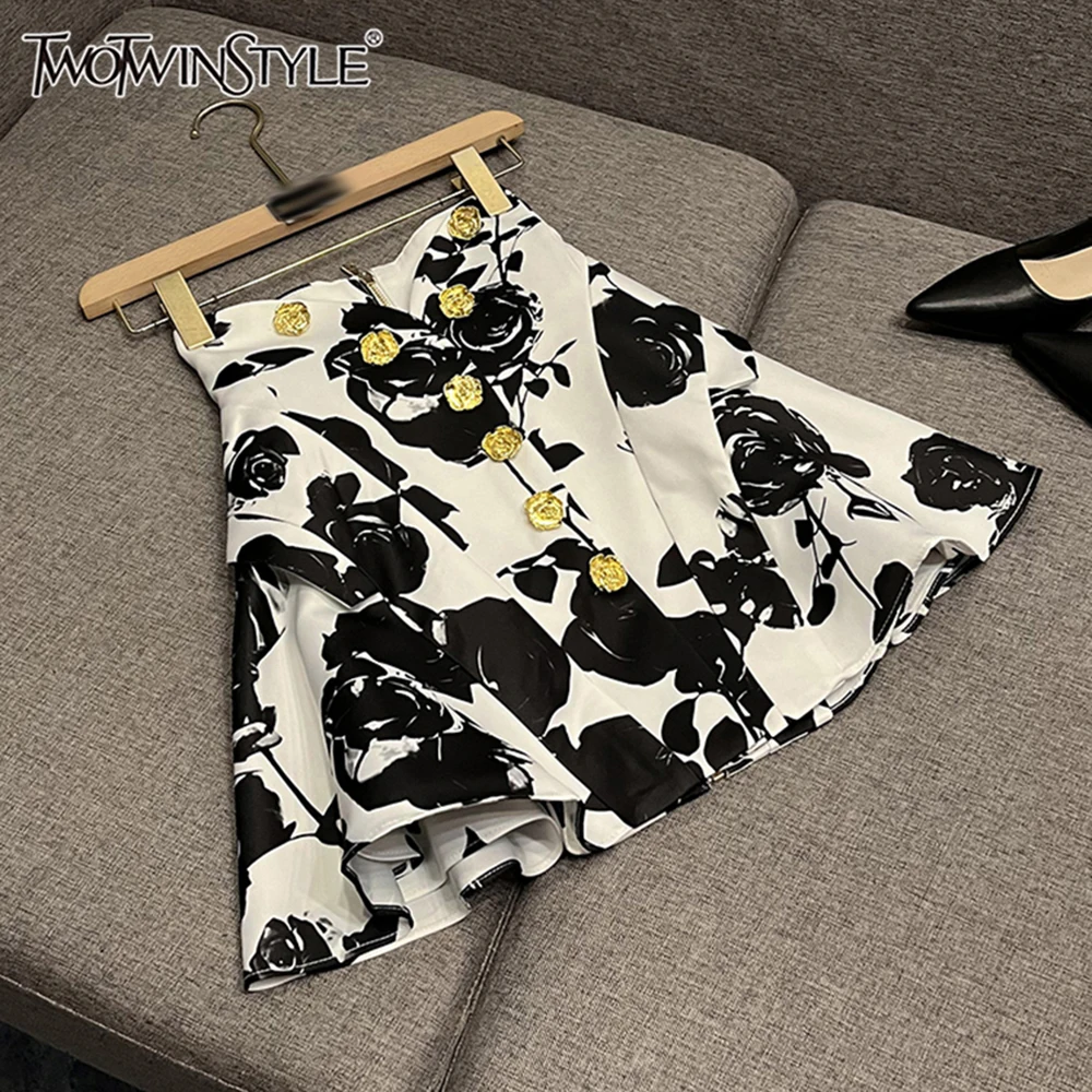 

TWOTWINSTYLE French Style Vintage Print Skirts For Women High Waist Spliced Rose Metal Buckle Sweet Chic Skirt Female KSK508739