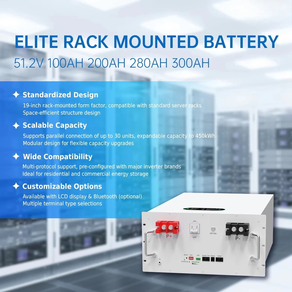 51.2V Solar Inverter Battery 100Ah 200Ah 280Ah 300Ah Home Energy Storage System Lithium Ion Batteries 48V LiFePO4 Bateria Pack