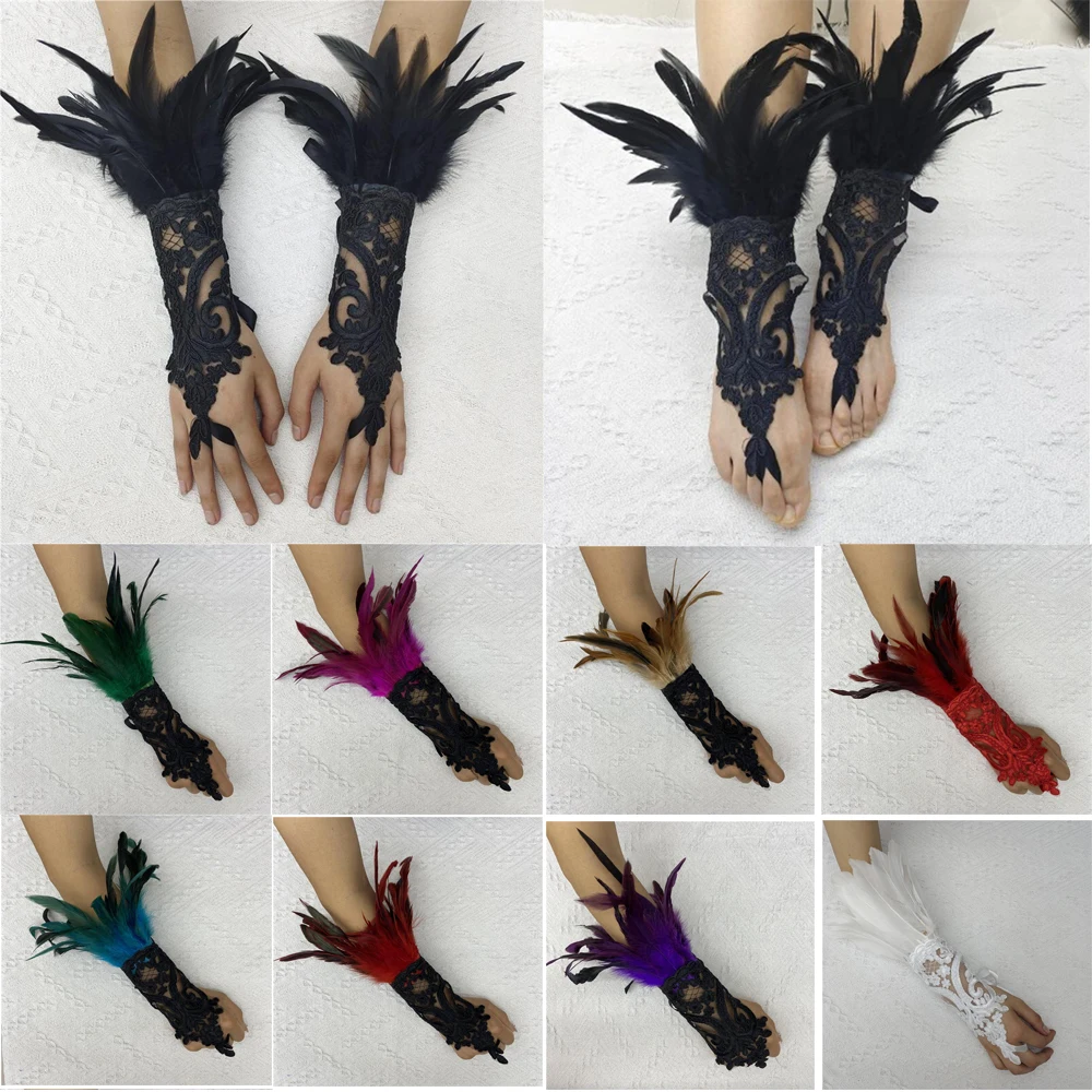 Lace Feather Long Gloves Gothic Mesh Sleeve Halloween Party Hook Embroidery White Mittins Female Stage Accessory Gothic Sleeve