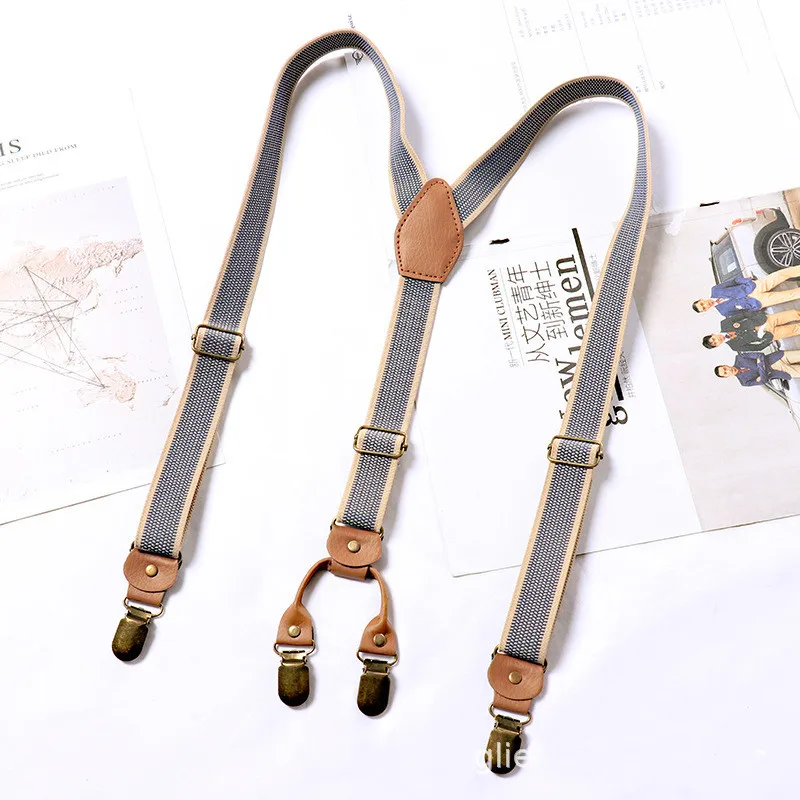4 Metal Clip Men\'s Suspenders Fashion Unisex Y Shape Suspenders British Retro Stretch Adjustable Belt Strap Non-slip Dad Gift