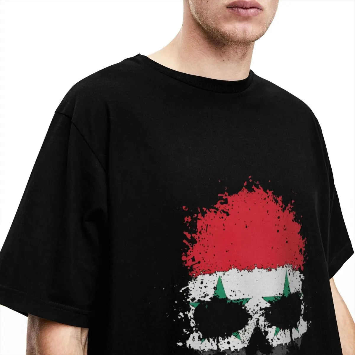 Mens Chaotic Syrian Flag Splatter Skull T-Shirts Cotton Top Tees Summer Funny Short Sleeve T-Shirt O Neck Fashion Printed Tshirt