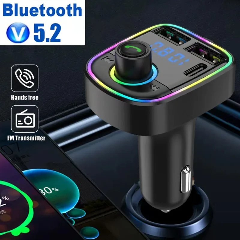 

Bluetooth 5.2 FM Transmitter Car PD Type-C USB Fast Charger Hands-free Call Adapter with Colorful Ambient Light Music Player