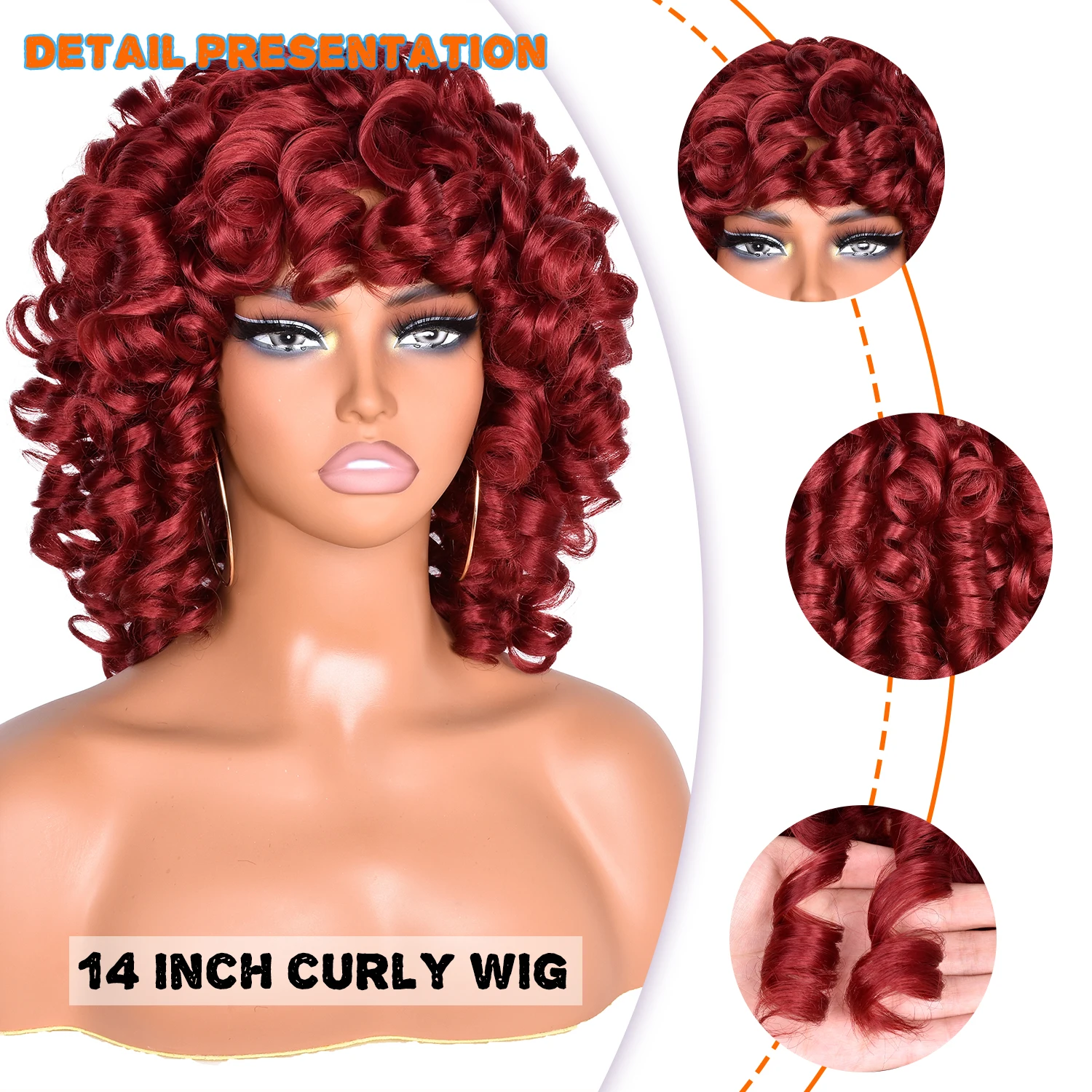 14‘ Afro Kinky Curly Wigs with Bangs For Black Women Synthetic Burgundy Cosplay Natural Hair  Brown Blonde Wig