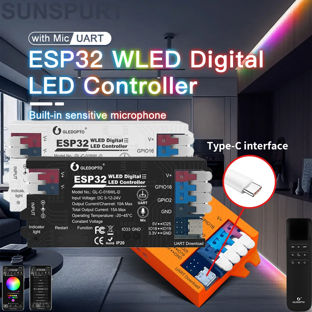 1-5 P014/15/16WL ESP32 WLED Controller with Microphone Addressable LED Controller for WS2812B SK6812 WS2811 TM1814 WS2813 WS2815
