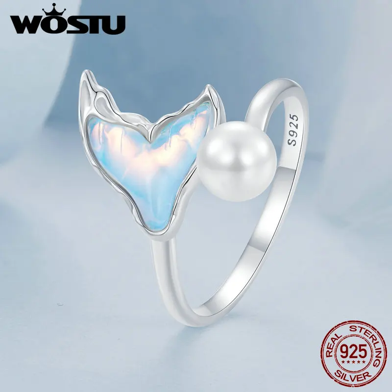 WOSTU 925 Sterling Silver Blue Fishtail Pearl Ring With Quality shell pearl For Women Girl Summer Beach Party Fine Jewelry