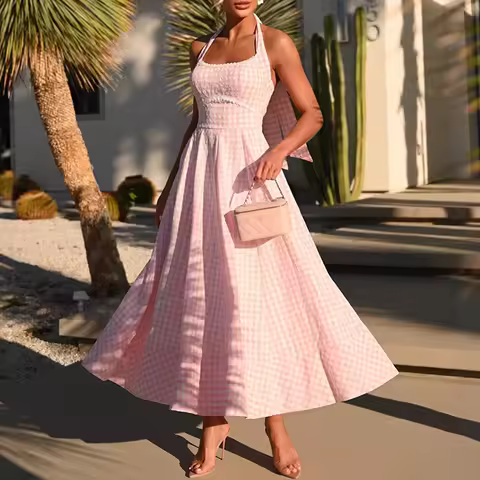 Vacation Grid Printed Dresses Elegant Sleeveless Off Shoulder Slim Party Dress Summer New High Waist Halter Dresses