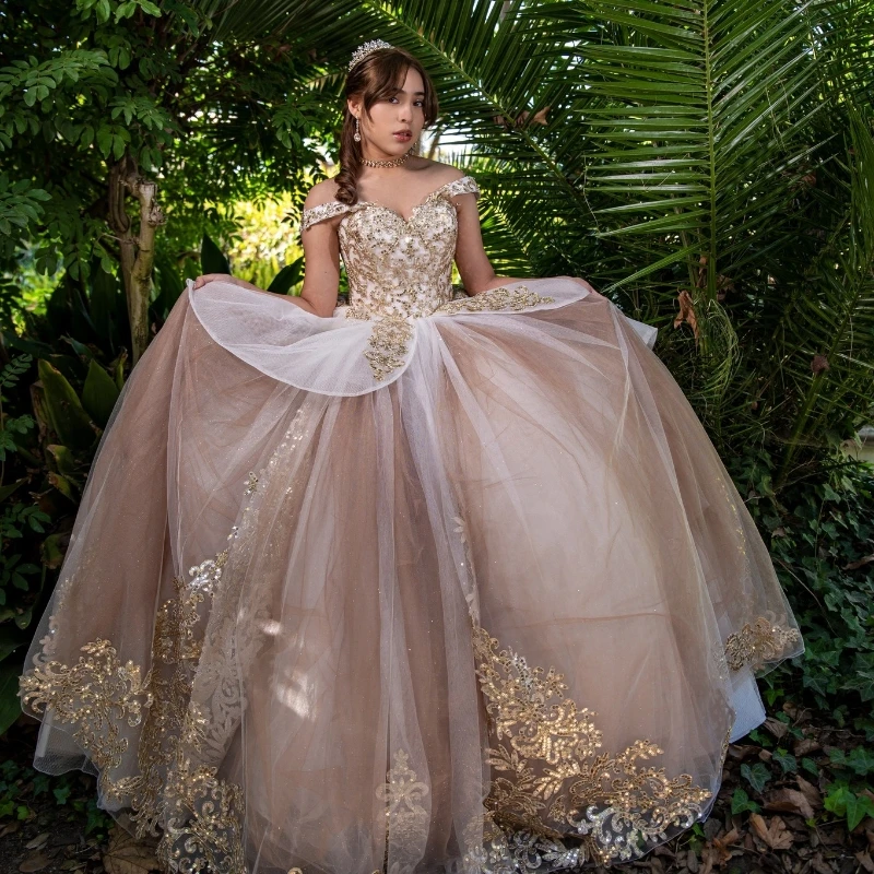 EVLAST-vestido de baile con hombros descubiertos para quinceañera, traje Formal de tul con apliques dorados de encaje para fiesta de cumpleaños de 16 años, TQD052, 2023