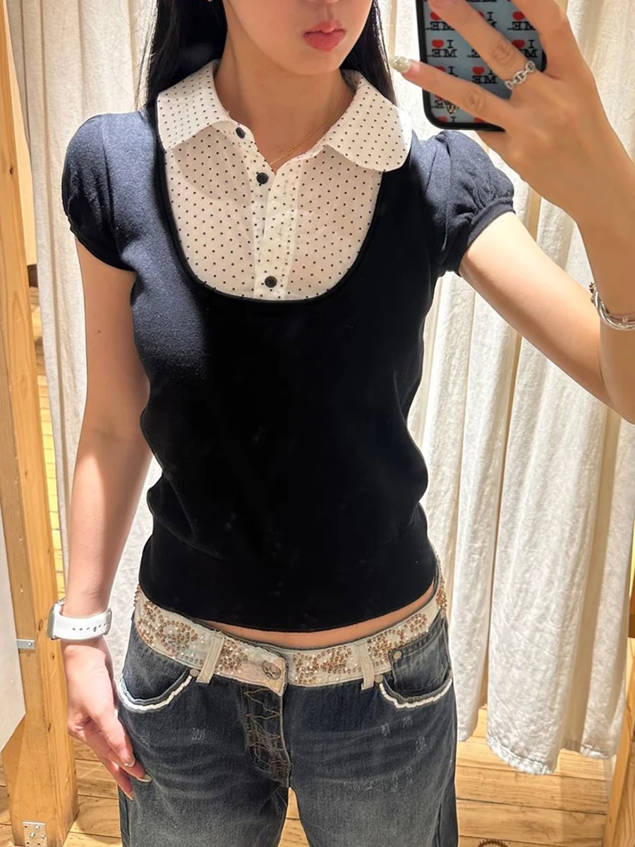 Fake Two‑Piece Slim T-shirt Woman Polka Dot Patchwork Turn Down Collar Cotton Short Sleeve Tees Sweet Preppy Style Black Tshirts
