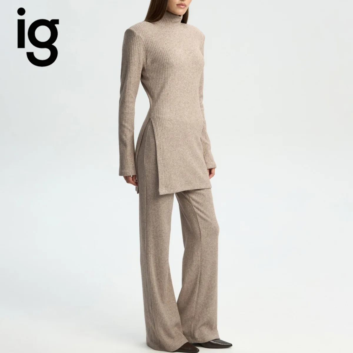 IG Women Ribbed Knit 2-Piece Set, Turtleneck Side Slit Long Top & Wide Leg Pants, Winter Casual Office Matching Outfit