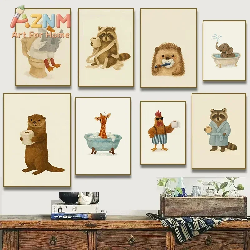 AZNM Cute Funny Bath Animal Canvas Print Duck Raccoon Otter Giraffe Bathroom Wall Poster Restroom Home Decor Unframed Canvas Pai