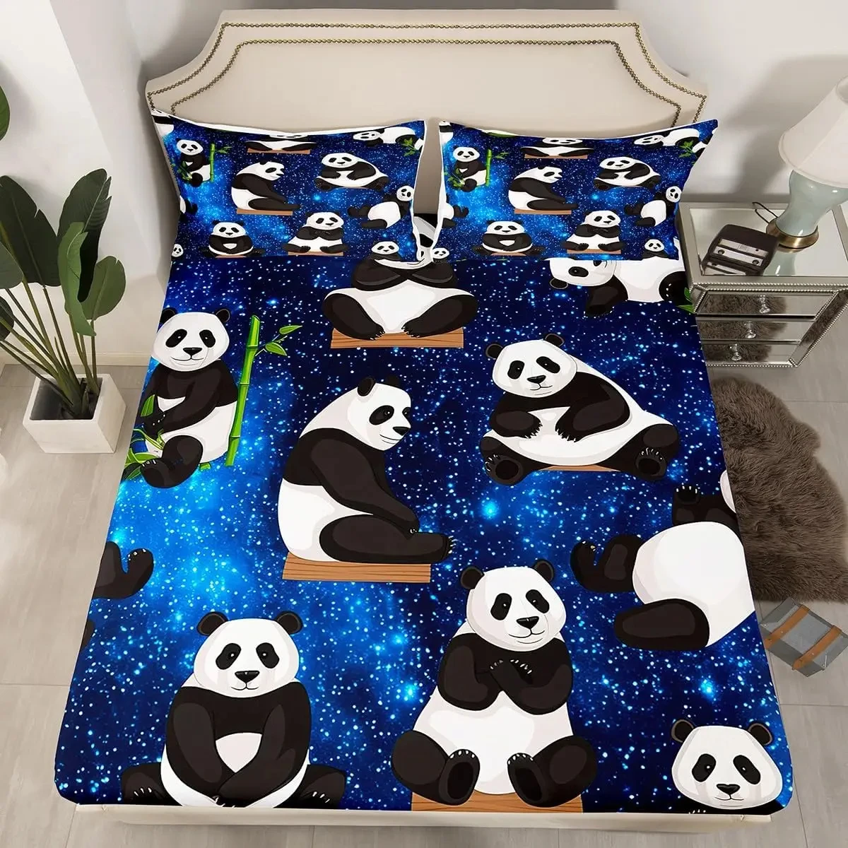 Cute Panda Fitted Sheet Twin Queen Size Cartoon Animal Bedding Set for Girls Teens Bedroom Dorm Decor Kawaii Bed Sheet Set