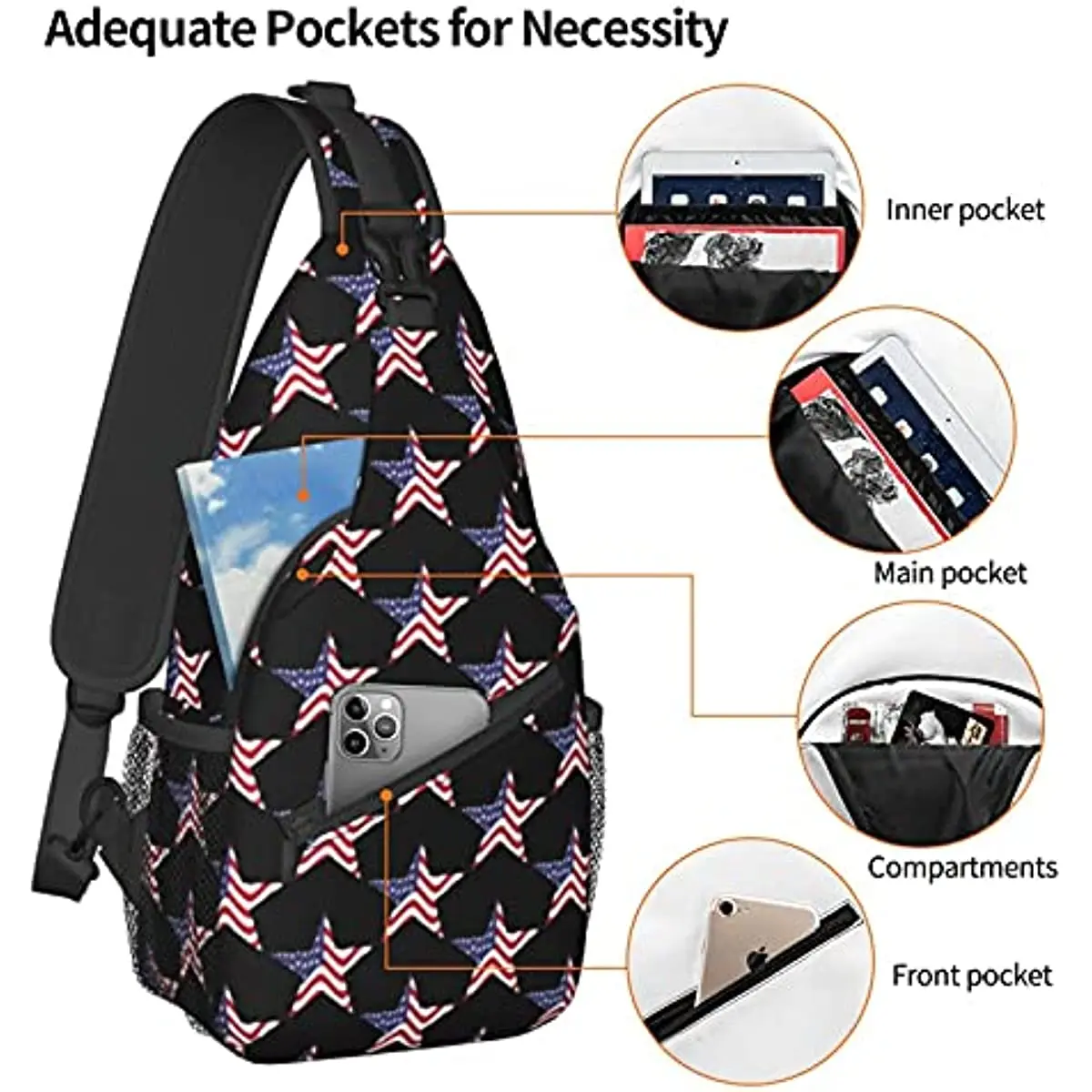 Bolsa Crossbody Sling para homens e mulheres, mochila no peito, bandeira americana patriótica, estrelas americanas, mochila de ombro, caminhadas, camping, corrida, 1 tamanho