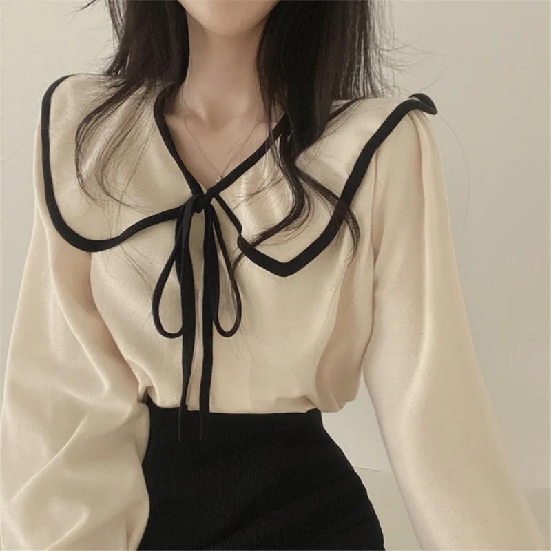 Korea Women Chiffon Shirt Elegant Turn-down Collar Autumn Long Sleeve Single-breasted Female Blouse Sweet Tops Casual Streetwear