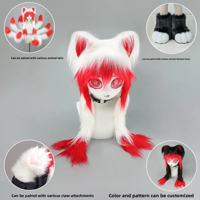 Comic Exhibition Cos Clothing Head Cover Kig Animal Clothing Animal Head Finished Cat Ear Cos Plush Braid Animal Head