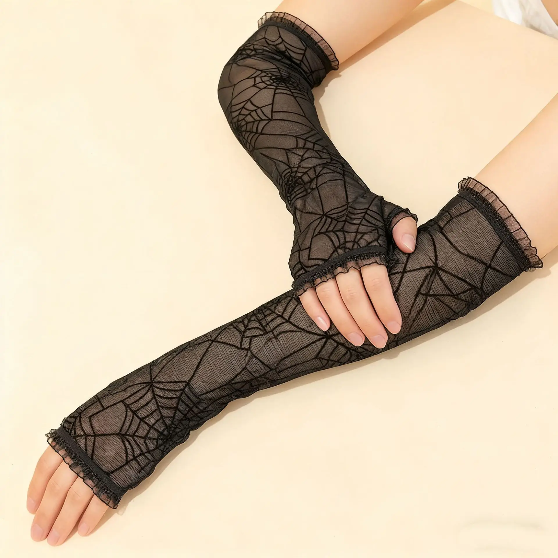 Gothic Adults Spider Web Lace Long Gloves Sheer Half Finger Arm Sleeves Halloween Cosplay Party Costume Accessories