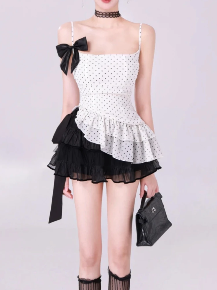 Summer Sweet Slim Sling 2 Piece Set Women Kawaii Chic Bow Thin Polka Dot Tops Female + Fashion Sexy Solid Ruffle A Line Dresses