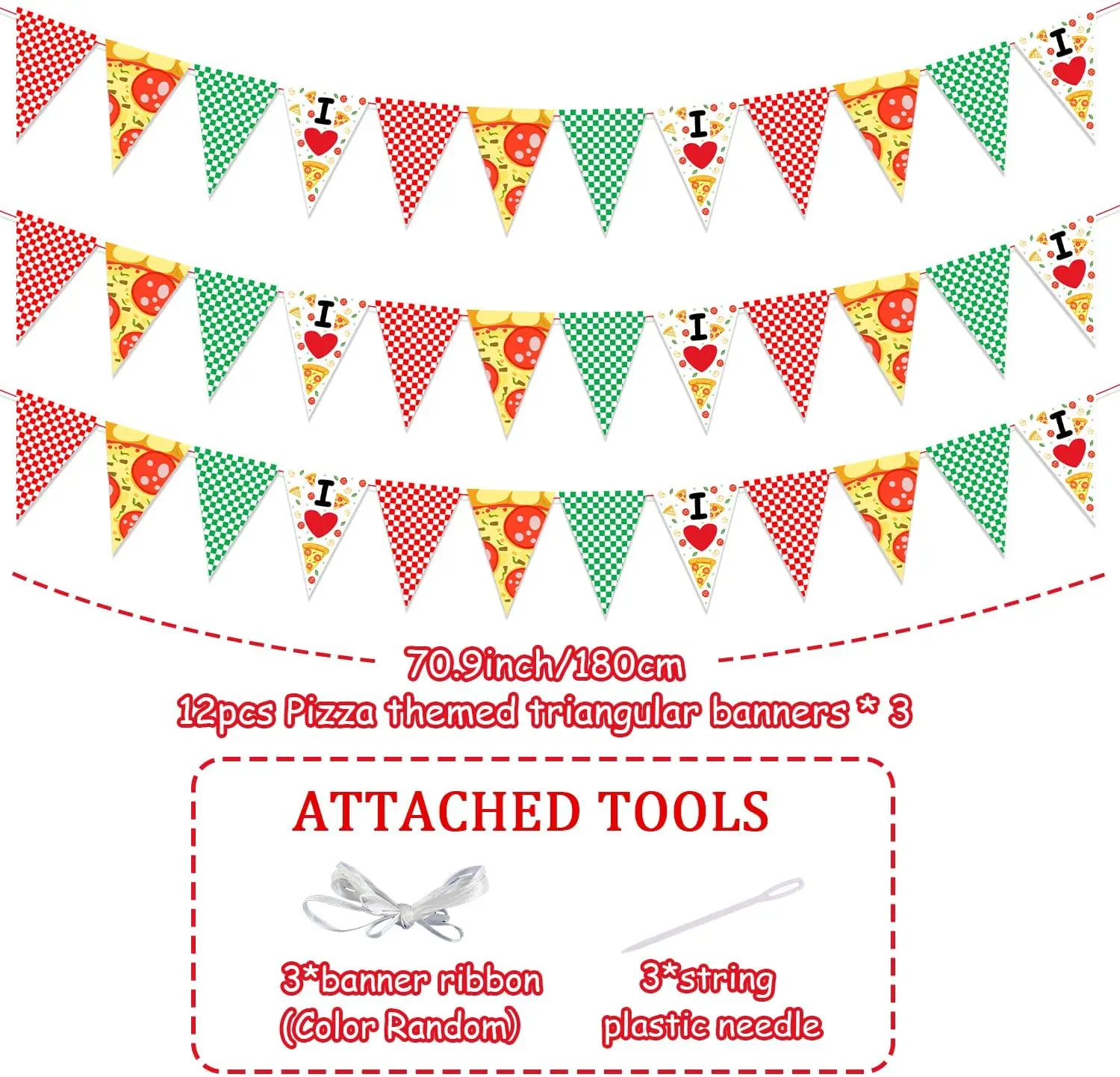 Funmemoir-Pizza Banner for Birthday Party, Red Green Gingham, Triangle Bunting Flag, Cooking Theme, Baby Shower Decors, 3 Pieces