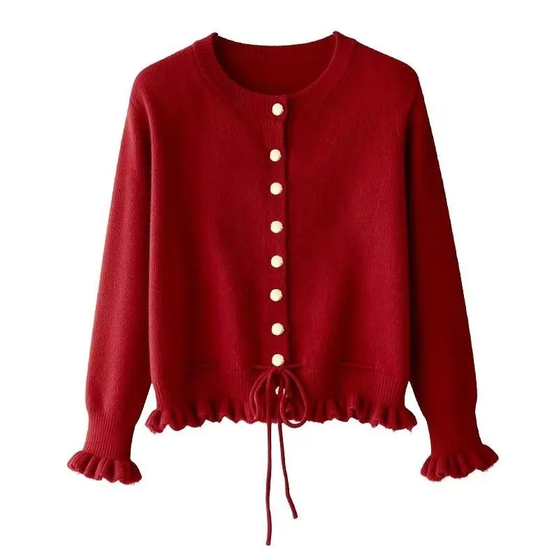 Women Ruffle Trim Knit Cardigan Round Neck Button Front Drawstring Hem Long Sleeve Cropped Sweater Outerwear