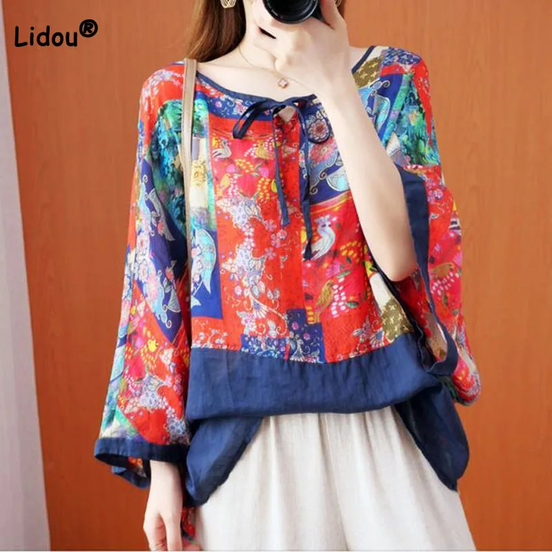 

Vintage Loose Batwing Sleeve Printed Patchwork Women Blouse Summer Casual Fashionable Round Neck Lace Up Blouse Female Clothing