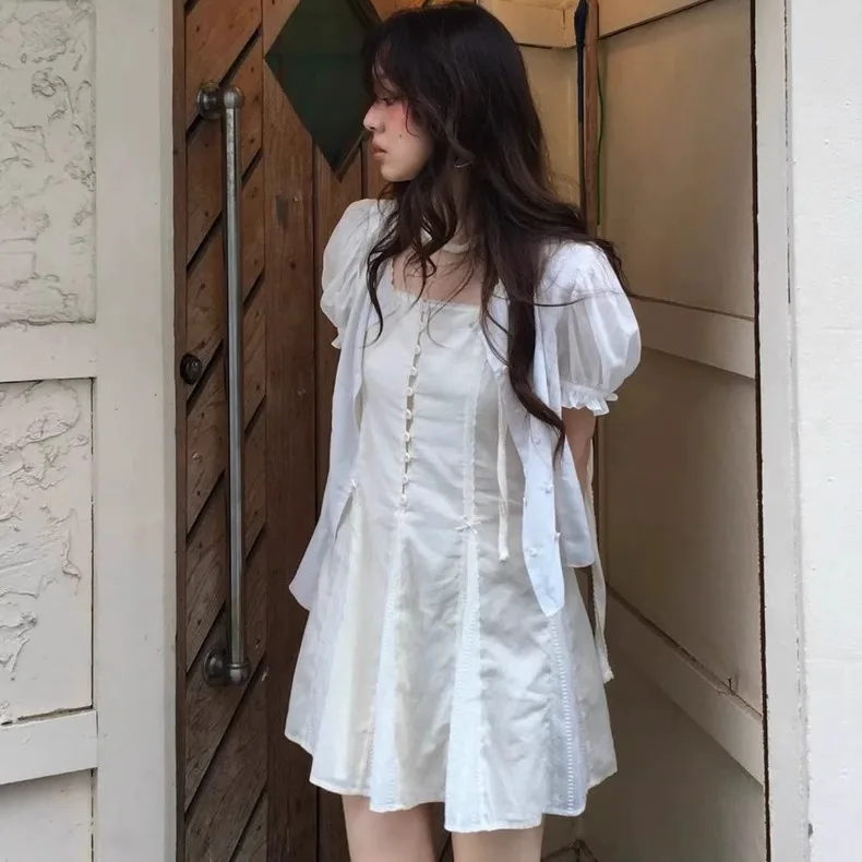 Fl*tta Sweet Lace ort Sve irt Женская цельная юбка на пуговицах с занавеской Summer Faion Комплект из хлопка с круглыми пуговицами...