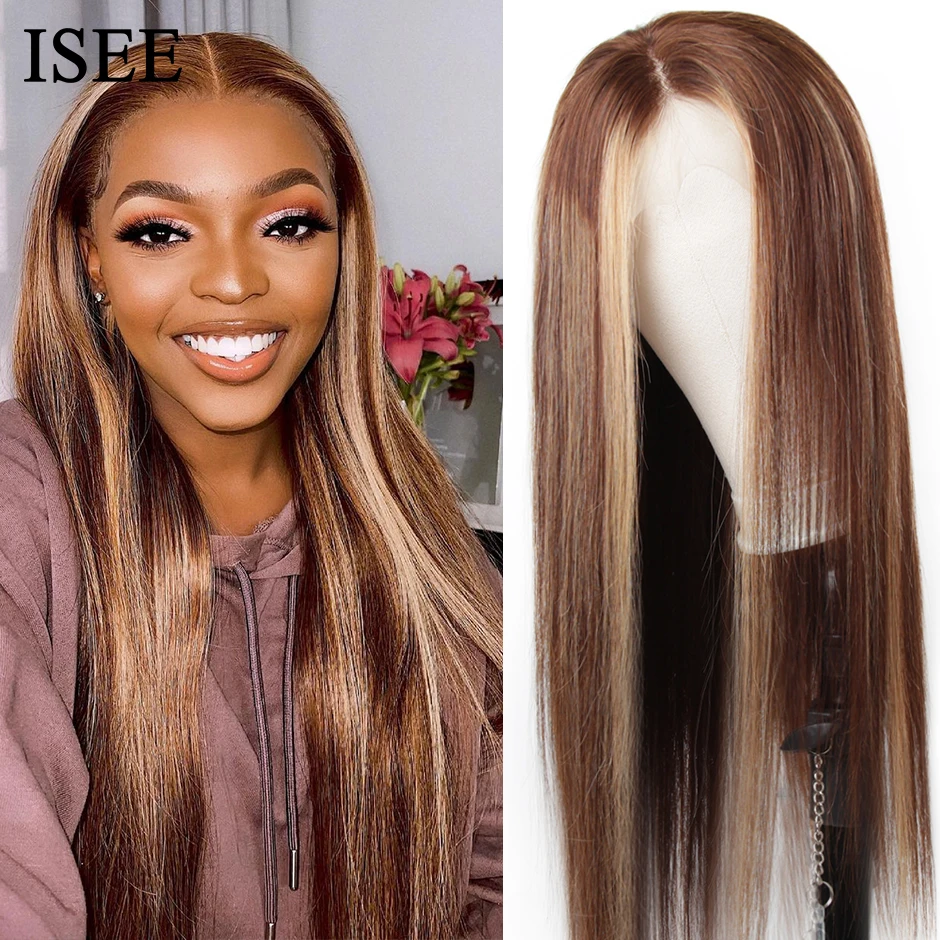 

ISEE HAIR Straight Highlight Wig For Women Human Hair Wigs 4X4 Lace Closure Wig 4/27 Ombre Brazilian Straight Lace Closure Wig